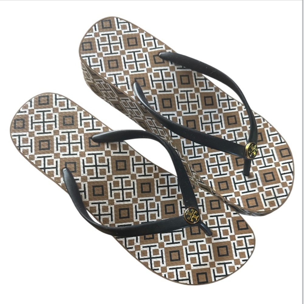 Tory Burch sandals thandie Black and Brown Geometric tile logo print 7 flops